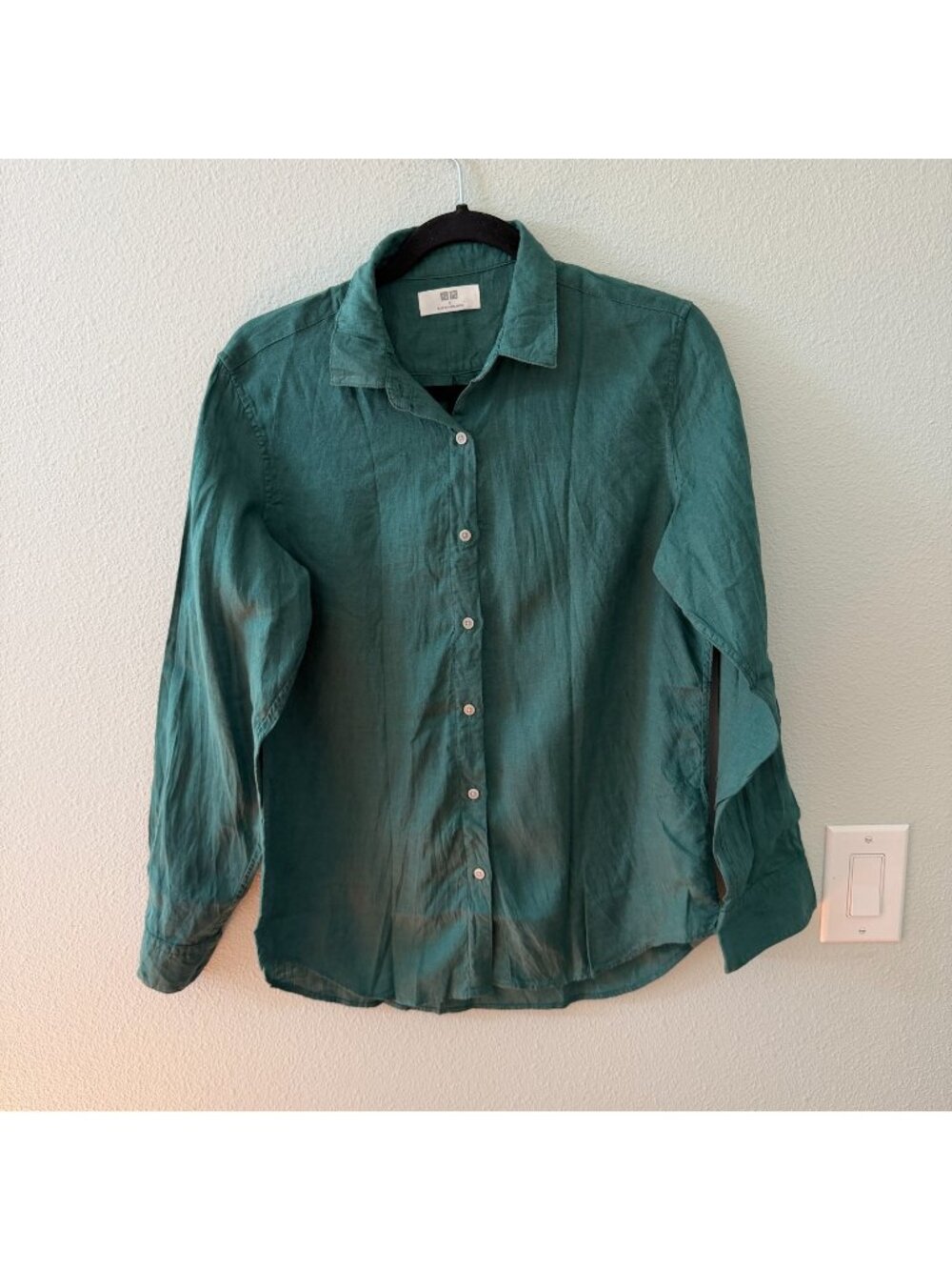 Uniqlo 100% Linen Long Sleeve Button Up Blouse Shirt Womens SMALL Teal